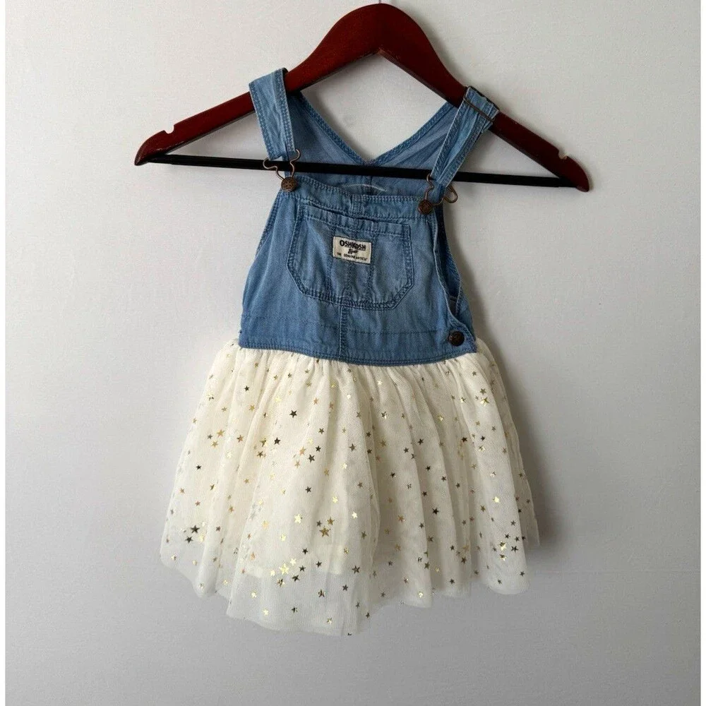 OshKosh B'gosh Girls Denim Overall Dress Tulle Stars Adjustable 18-24 Months